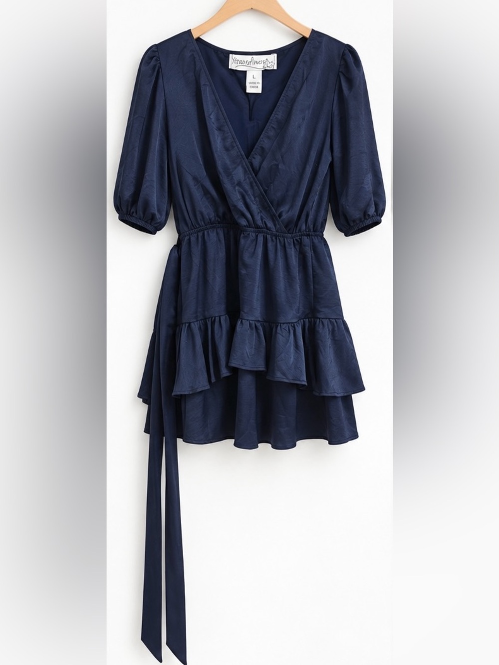 Xtraordinary Navy Faux Wrap Tiered Mini Dress Puff Sleeve Size L